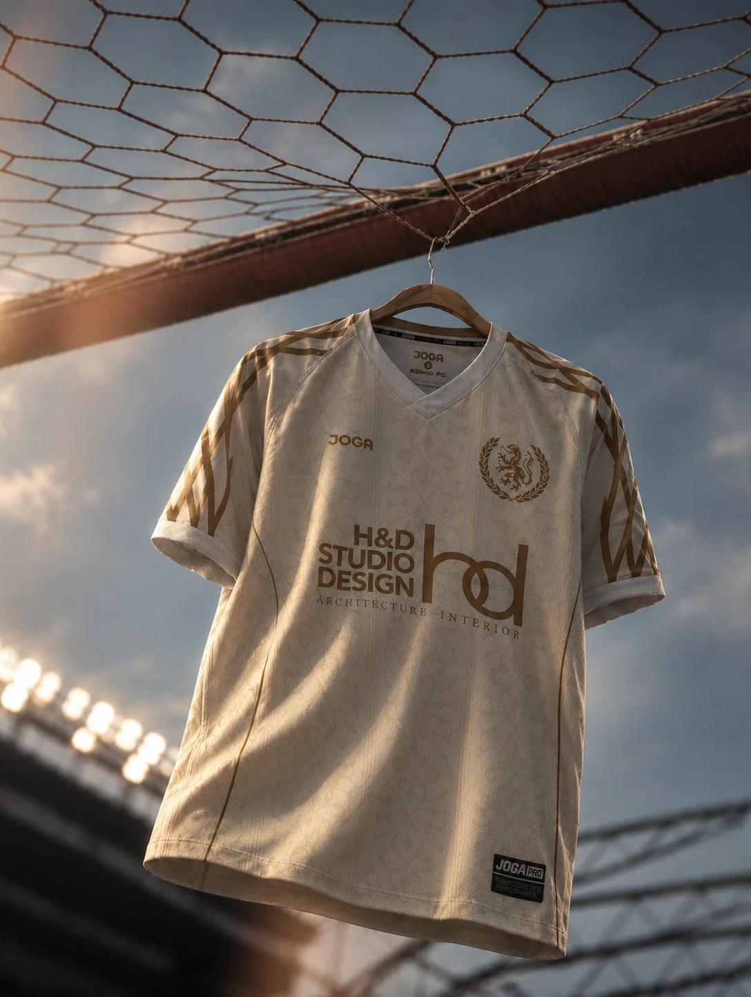 The KOMO F.C. season two white kit hanging from the crossbar at golden hour