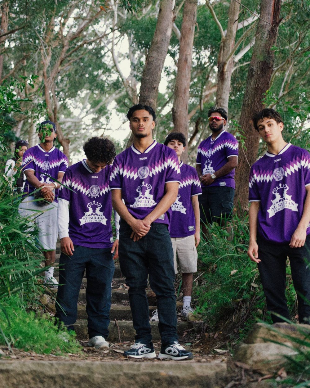 The squad in the season two home kit on the bush steps